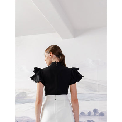 Orthodox Black Banana Crepe Ruffle Sleeves Bodysuit