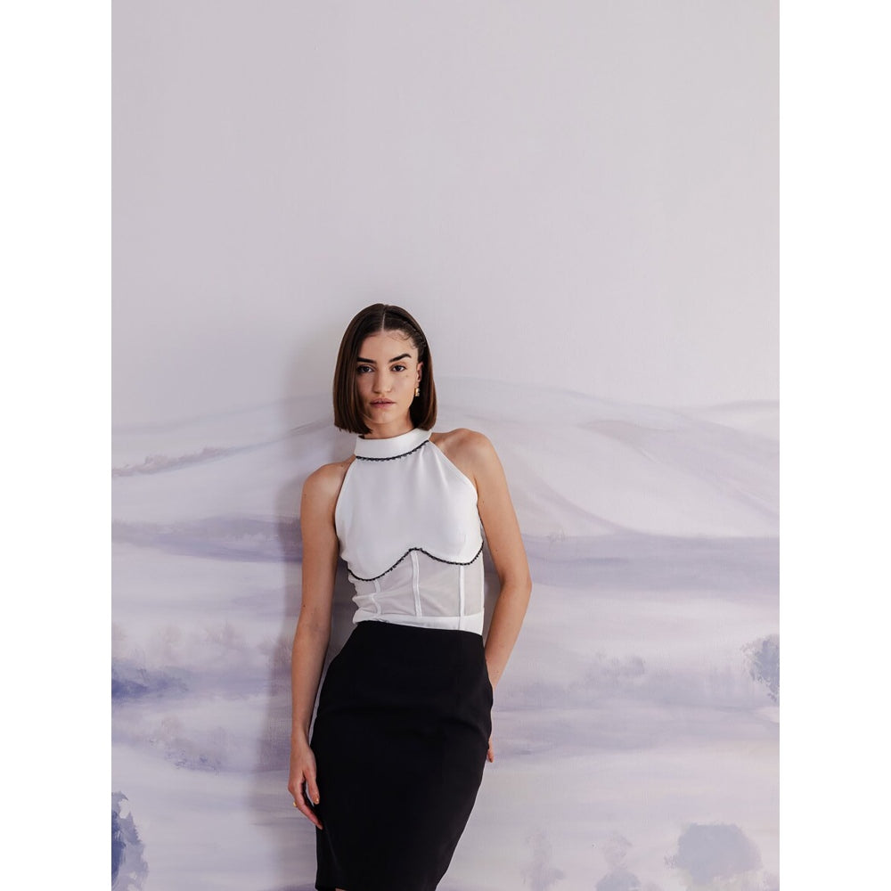 Orthodox White Sleek Bodysuit with Mesh Panels & Trim