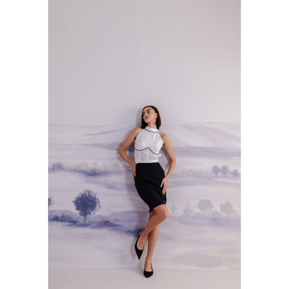 Orthodox White Sleek Bodysuit with Mesh Panels & Trim