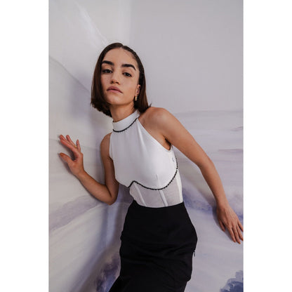 Orthodox White Sleek Bodysuit with Mesh Panels & Trim