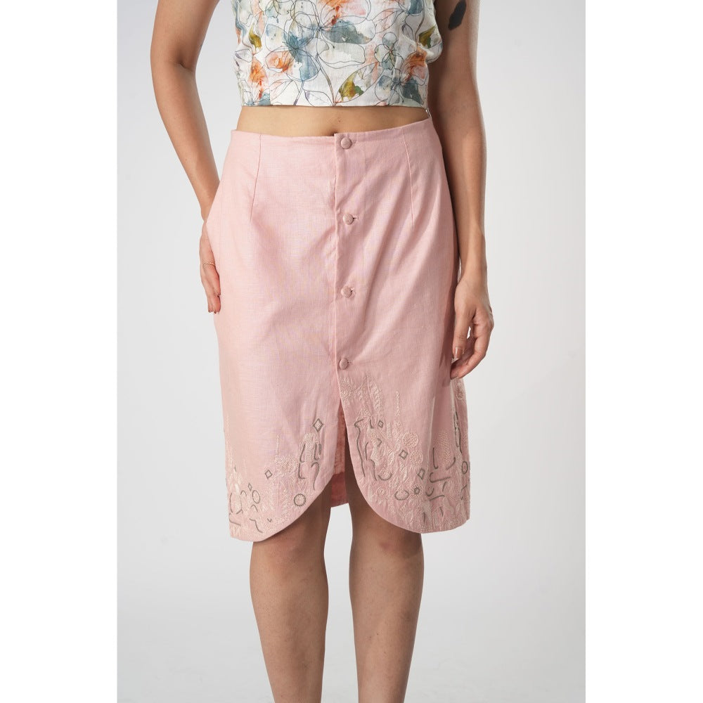 Orthodox Pink Tulip Silhouette Skirt with Warli Motifs