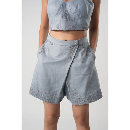 Orthodox Blue Warli Skorts with Button-Holding Pattern