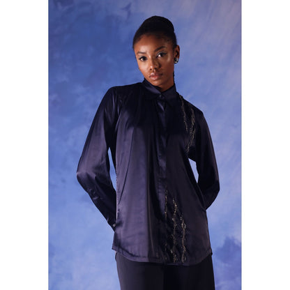 Orthodox Twilight Navy Blue Satin Shirt with Ari Work