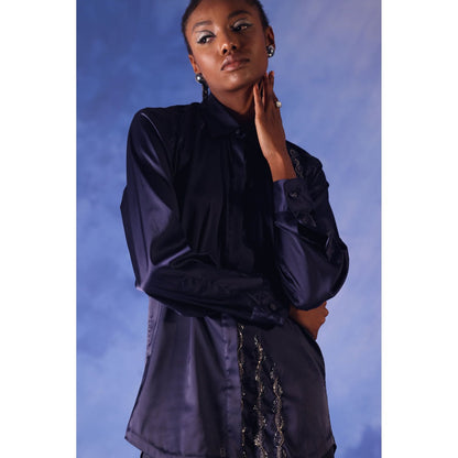 Orthodox Twilight Navy Blue Satin Shirt with Ari Work
