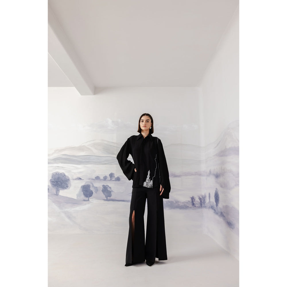 Orthodox Black Crepe Shirt with Artistic Line Embroidery