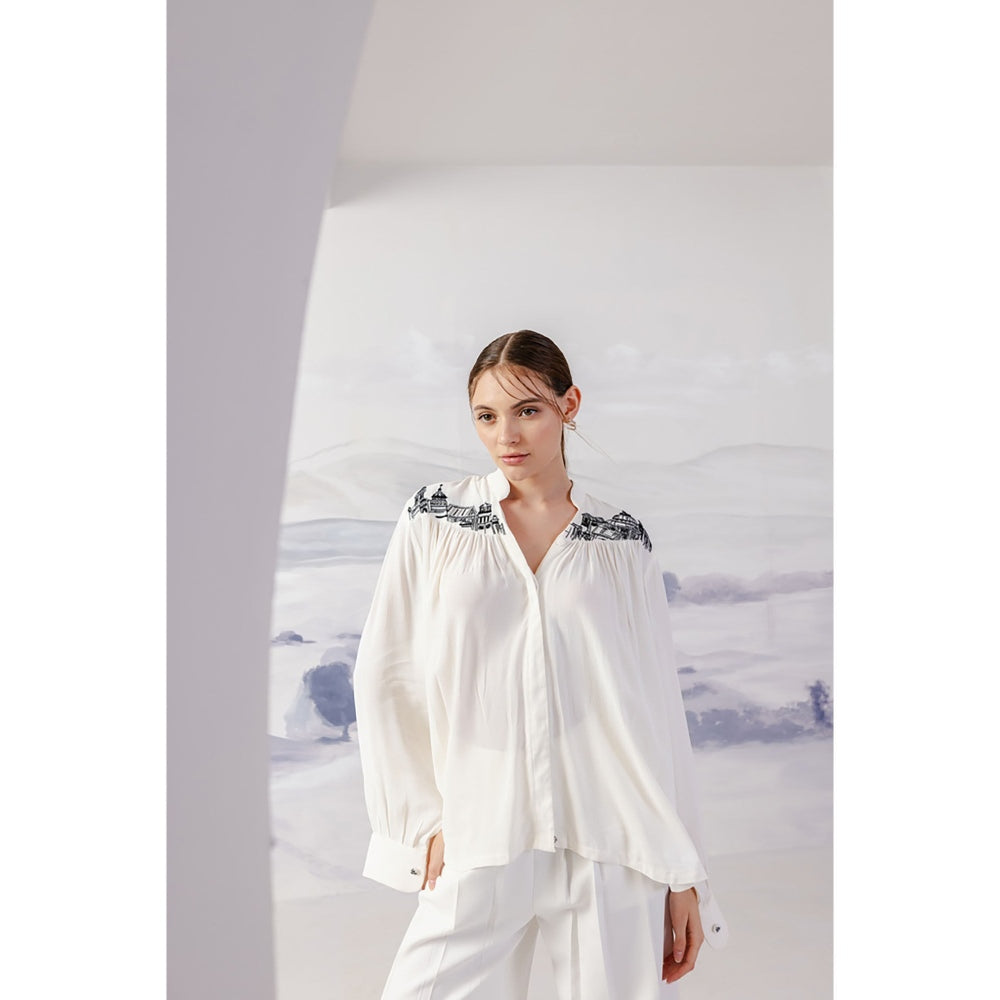 Orthodox White Versatile Gathered Shirt with Artistic Flair