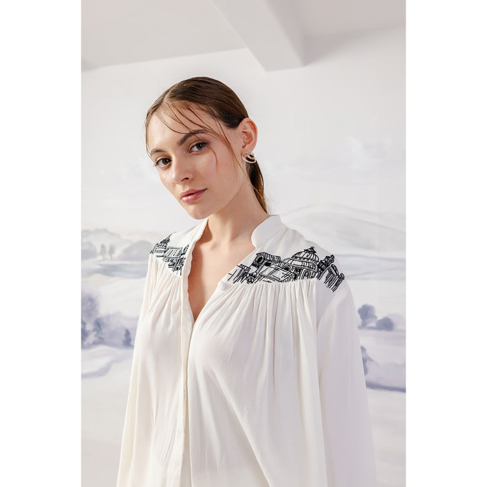 Orthodox White Versatile Gathered Shirt with Artistic Flair