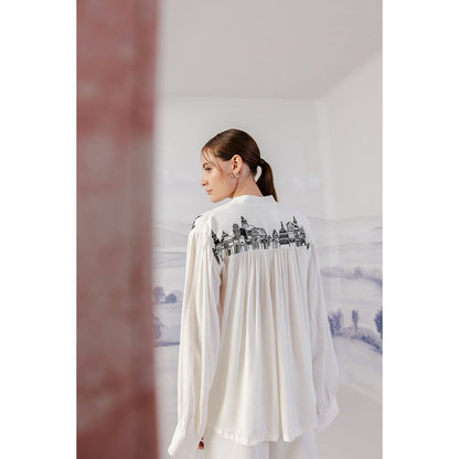 Orthodox White Versatile Gathered Shirt with Artistic Flair