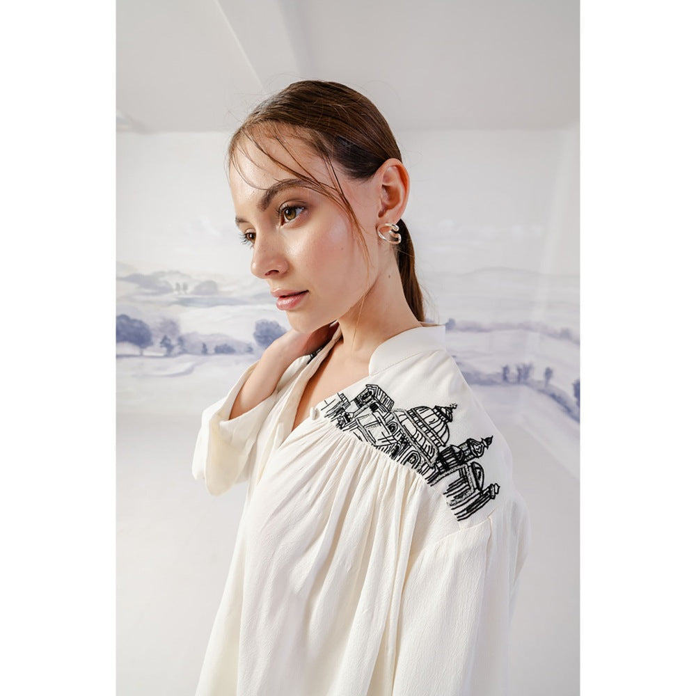 Orthodox White Versatile Gathered Shirt with Artistic Flair