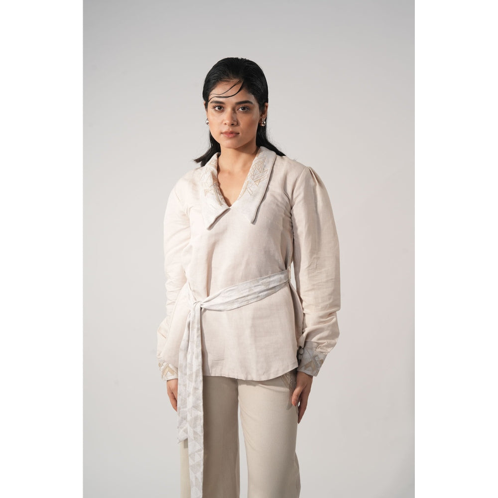 Orthodox White Chelsea Embroidery Collar Hemp Top with Belt (Set of 2)