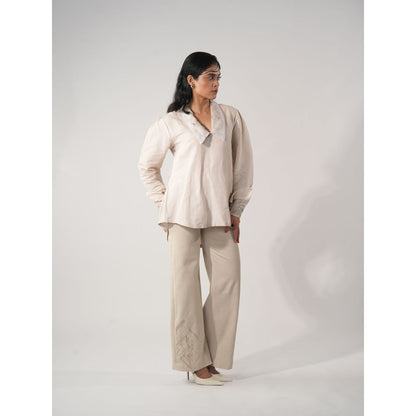 Orthodox White Chelsea Embroidery Collar Hemp Top with Belt (Set of 2)