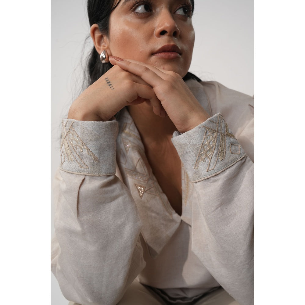 Orthodox White Chelsea Embroidery Collar Hemp Top with Belt (Set of 2)