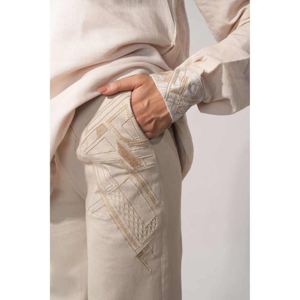 Orthodox Ivory Embellished Denim Lunette Trousers