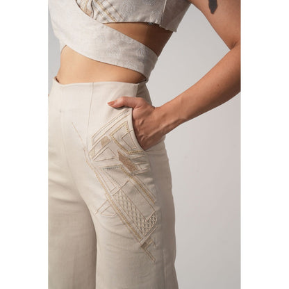 Orthodox Ivory Embellished Denim Lunette Trousers