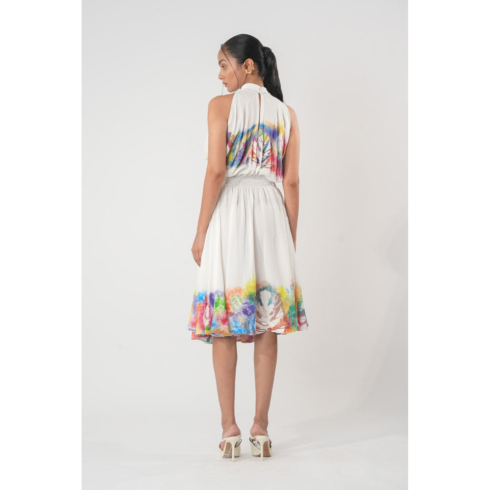 Orthodox White High-Neck Midi Dress with Cut-Out Waist and Hand-Painted Artistic Accents