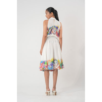 Orthodox White High-Neck Midi Dress with Cut-Out Waist and Hand-Painted Artistic Accents