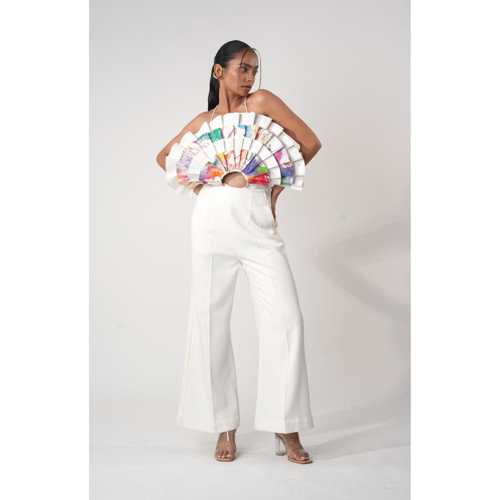 Orthodox White Pleated Abstract Bodysuit with Hand-Painted Prints