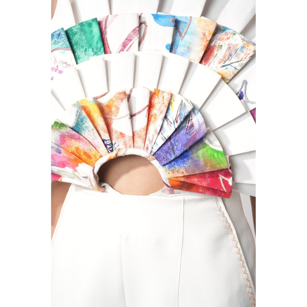 Orthodox White Pleated Abstract Bodysuit with Hand-Painted Prints