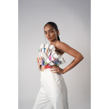 Orthodox White Pleated Abstract Bodysuit with Hand-Painted Prints