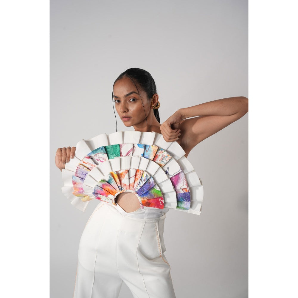 Orthodox White Pleated Abstract Bodysuit with Hand-Painted Prints