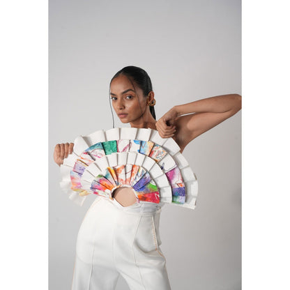 Orthodox White Pleated Abstract Bodysuit with Hand-Painted Prints