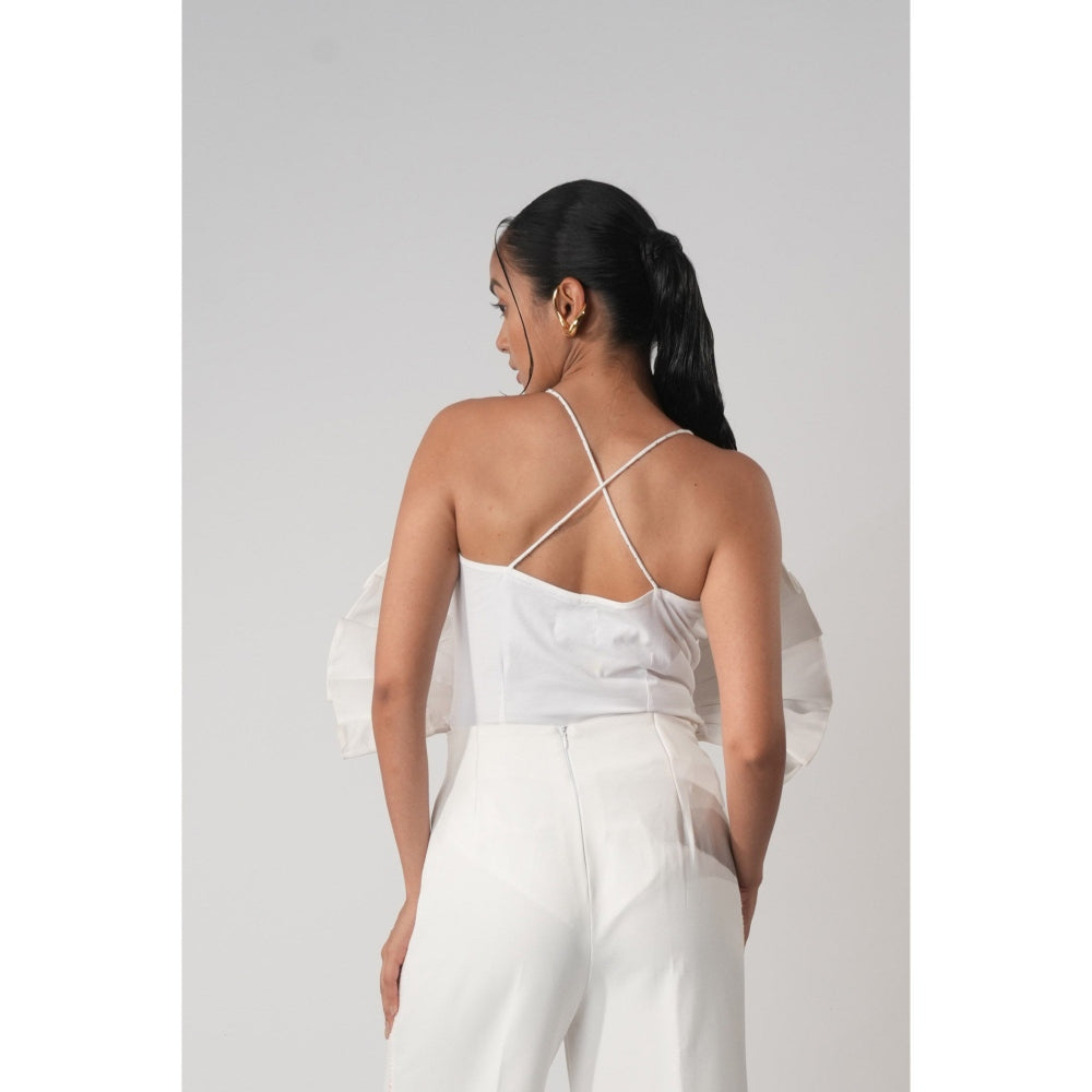 Orthodox White Pleated Abstract Bodysuit with Hand-Painted Prints