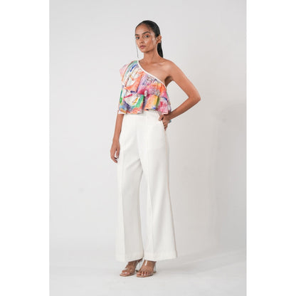 Orthodox White One-Shoulder Ruffled Top with Vivid Abstract Print