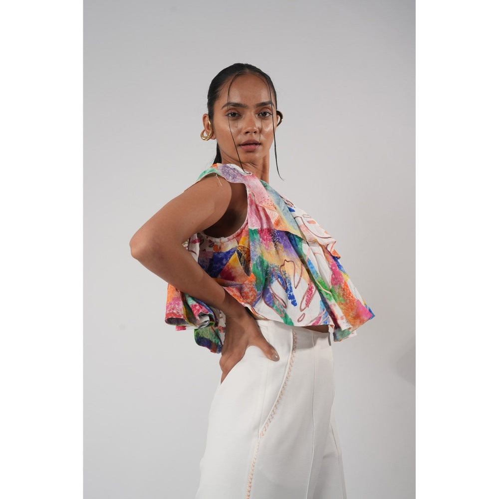 Orthodox White One-Shoulder Ruffled Top with Vivid Abstract Print