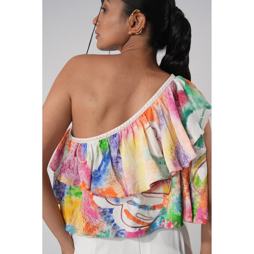 Orthodox White One-Shoulder Ruffled Top with Vivid Abstract Print