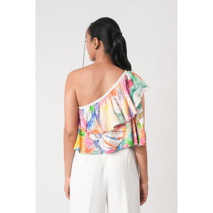 Orthodox White One-Shoulder Ruffled Top with Vivid Abstract Print