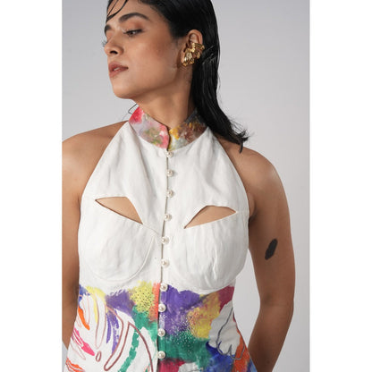 Orthodox White Halter-Neck Shirt with Embroidered High Collar