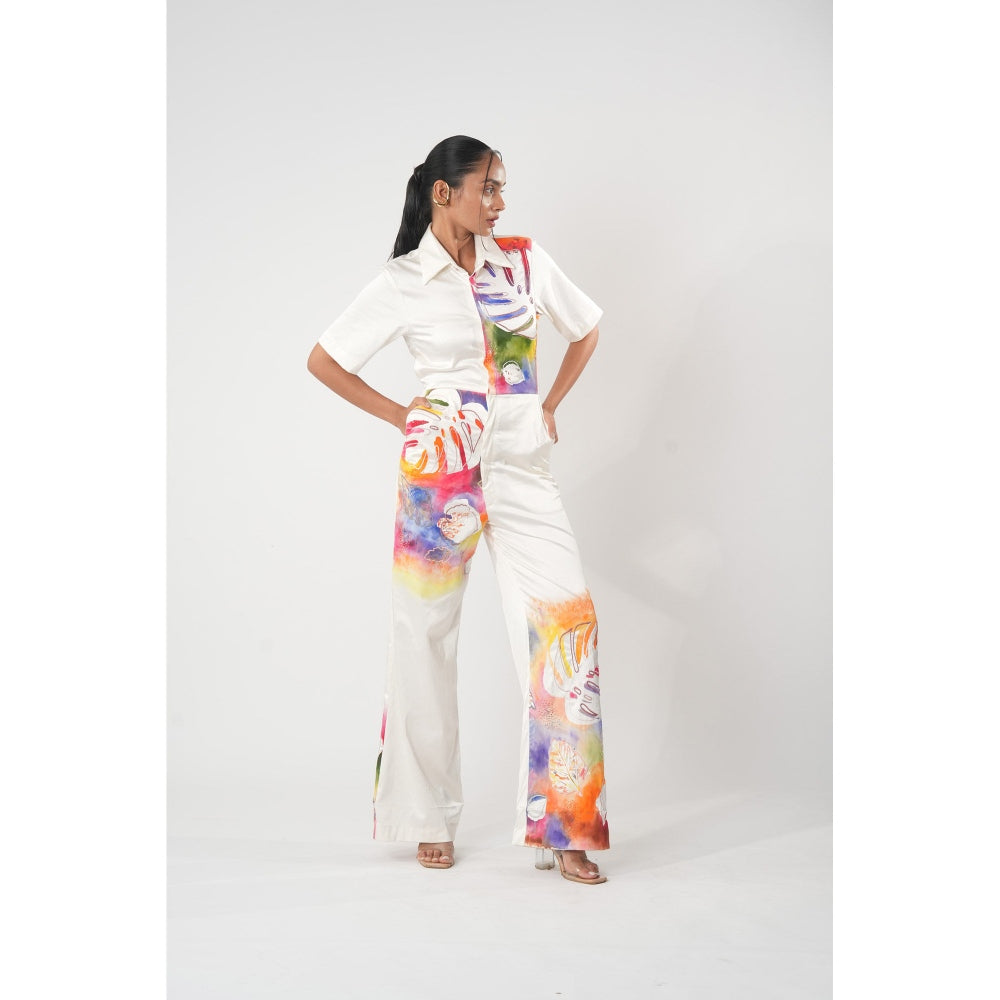 Orthodox White Hand-Painted Botanical Jumpsuit with Embroidery, Cut Dana and Structured Collar