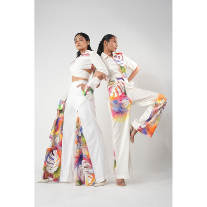 Orthodox White Hand-Painted Botanical Jumpsuit with Embroidery, Cut Dana and Structured Collar