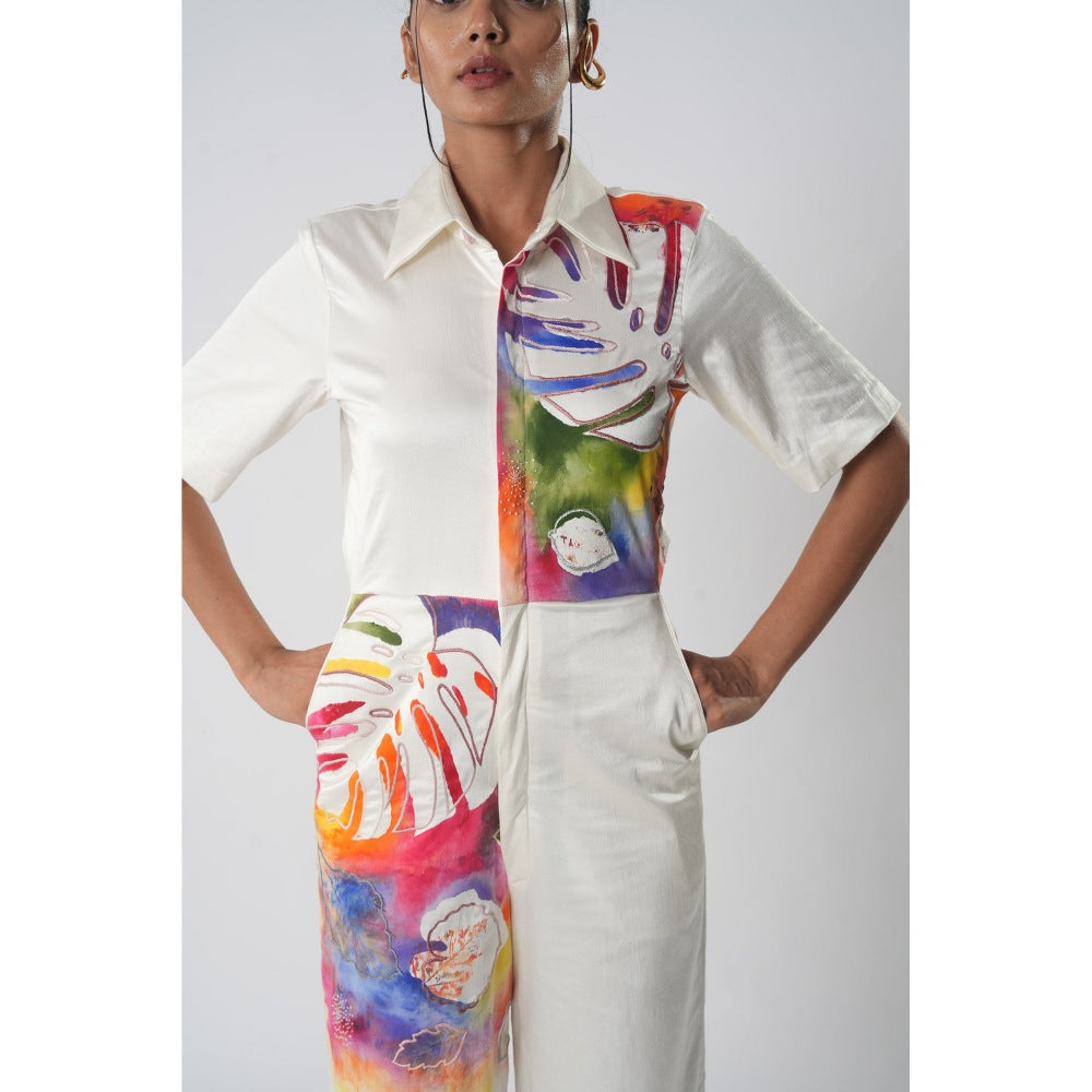 Orthodox White Hand-Painted Botanical Jumpsuit with Embroidery, Cut Dana and Structured Collar