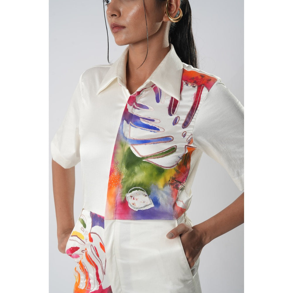 Orthodox White Hand-Painted Botanical Jumpsuit with Embroidery, Cut Dana and Structured Collar