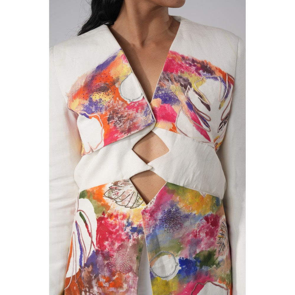 Orthodox Abstract-Cut White Blazer with Asymmetric Lapels and Artistic Cutouts