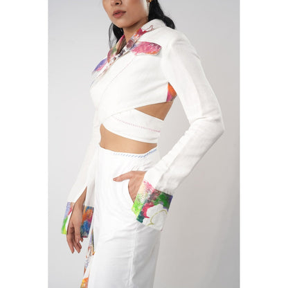 Orthodox White Embroidered Criss-Cross Wrap Jacket with Open Back