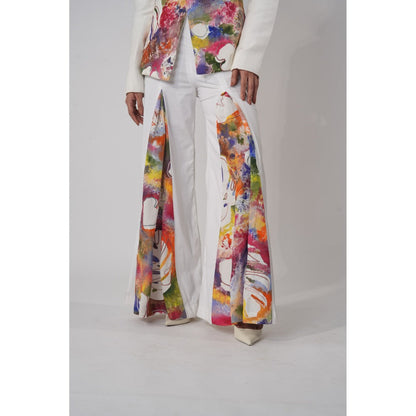 Orthodox High-Waisted White Trousers with Abstract Print