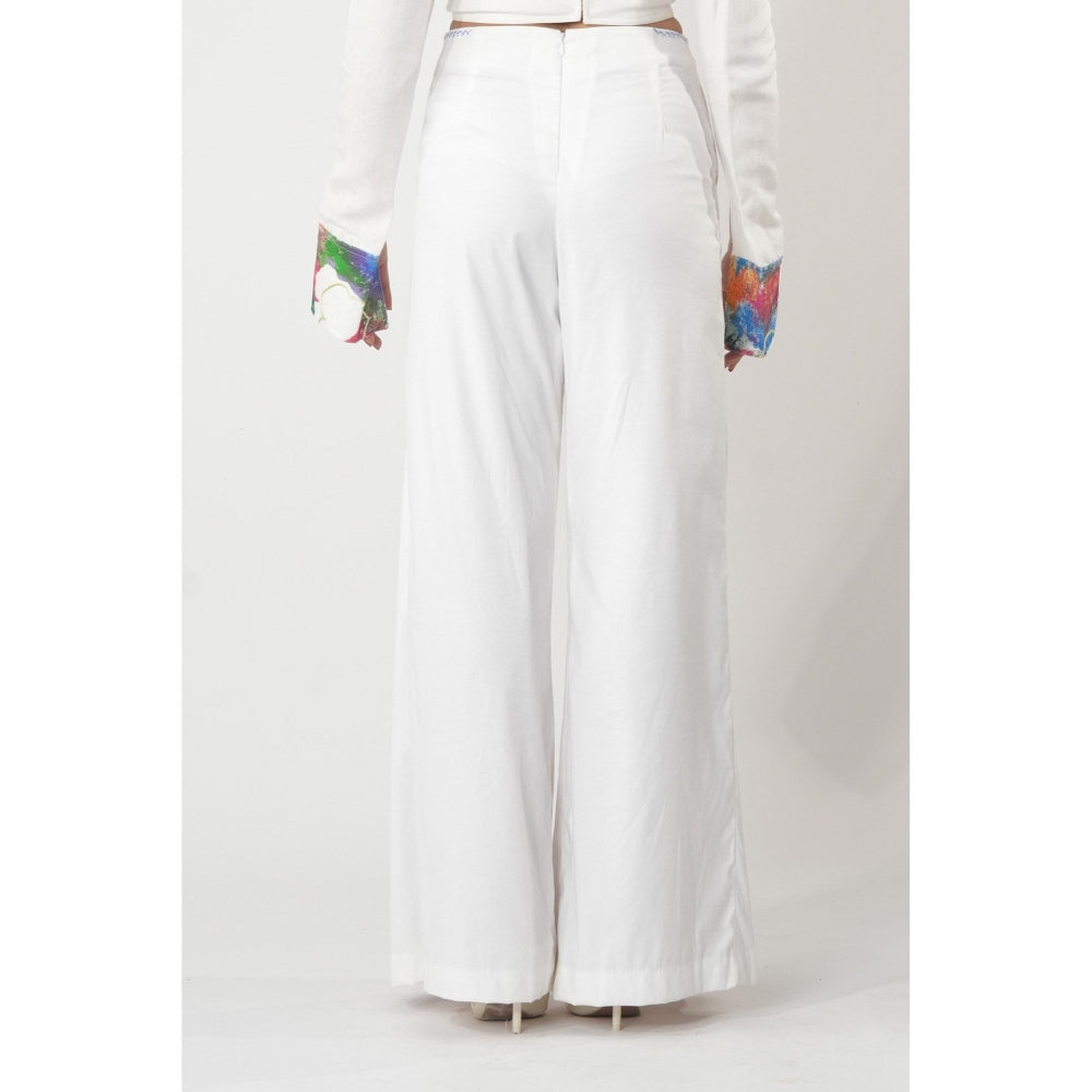 Orthodox High-Waisted White Trousers with Abstract Print