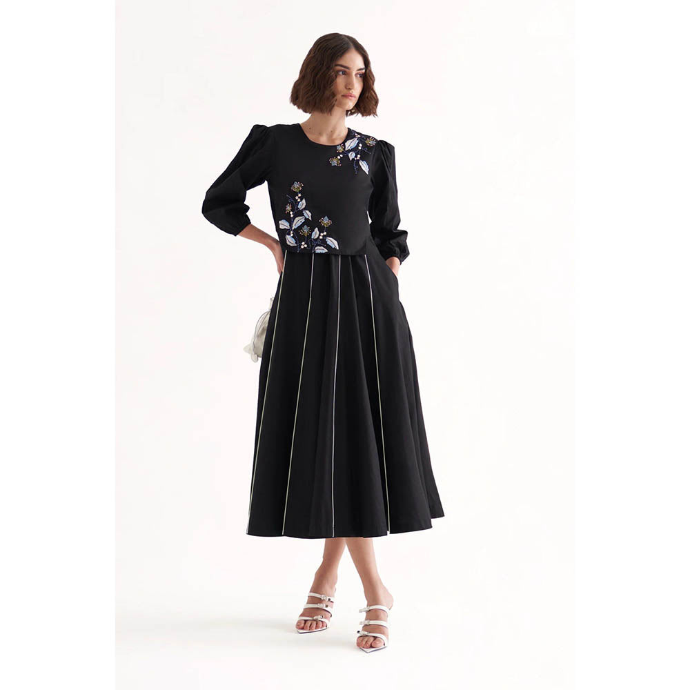 Our Love Kai Black Cotton Embroidered Midi Dress