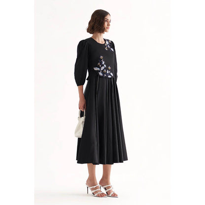 Our Love Kai Black Cotton Embroidered Midi Dress