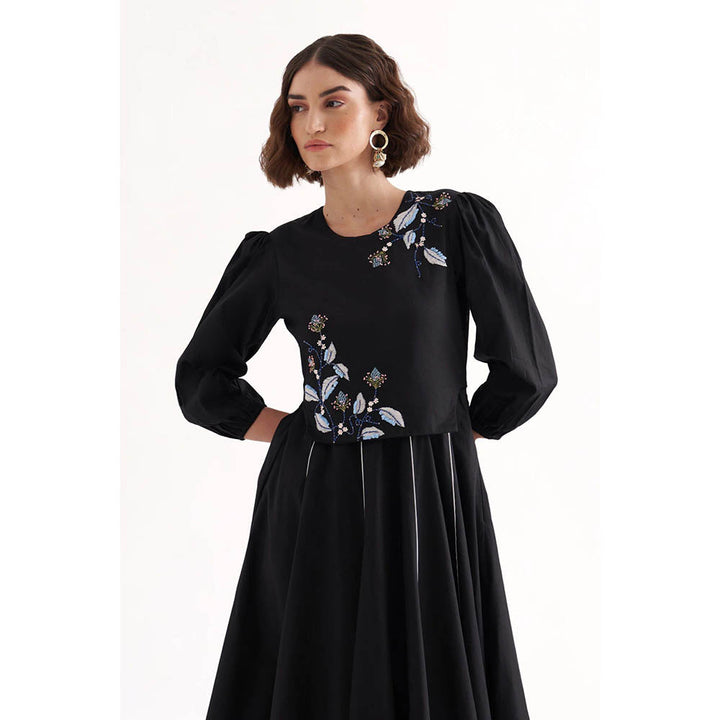 Our Love Kai Black Cotton Embroidered Midi Dress