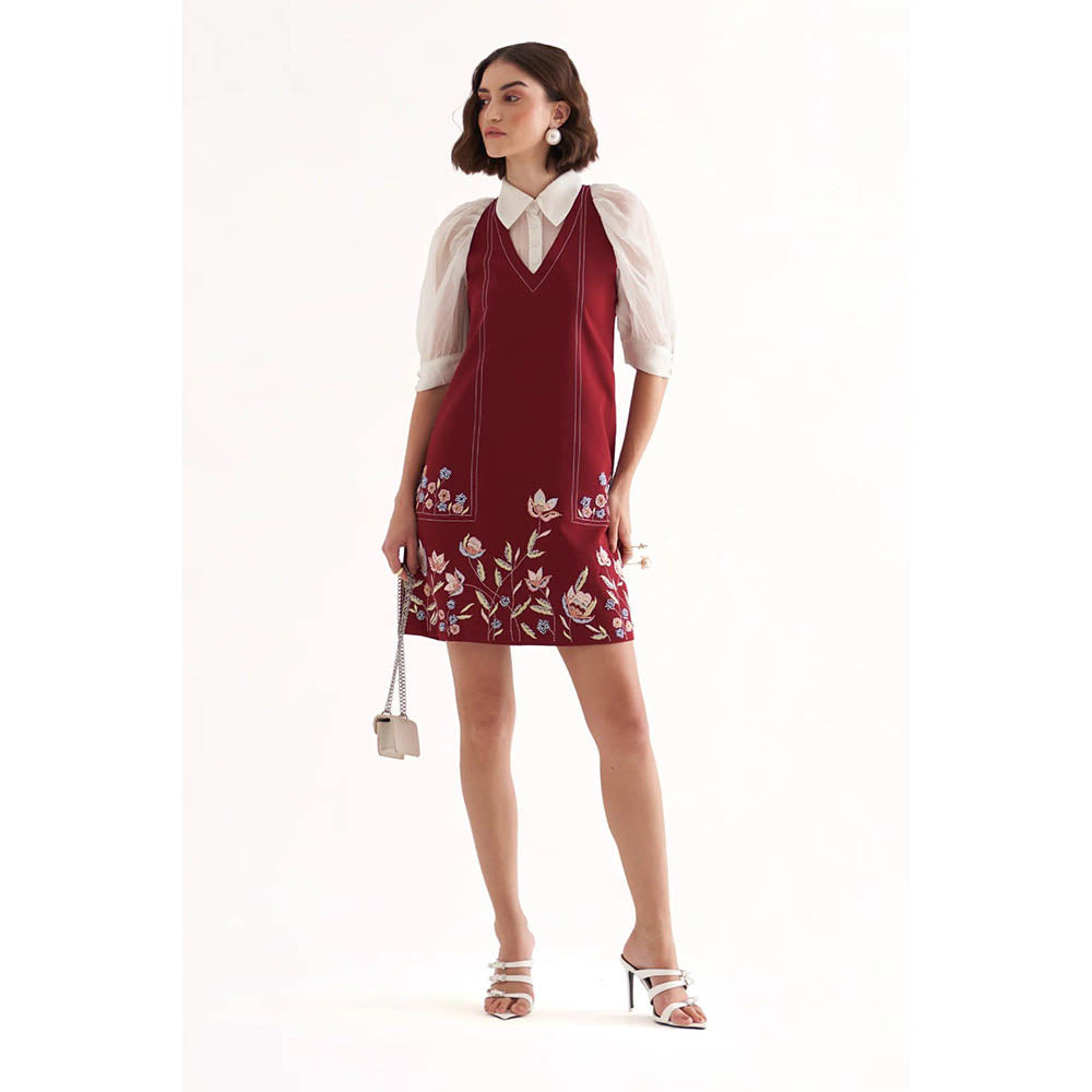Our Love Marcella Plum Maroon Banana Crepe Embroidered Mini Short Dress