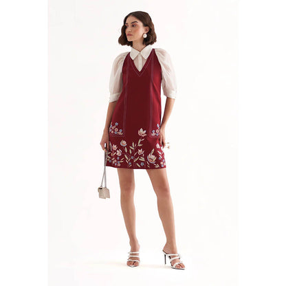 Our Love Marcella Plum Maroon Banana Crepe Embroidered Mini Short Dress