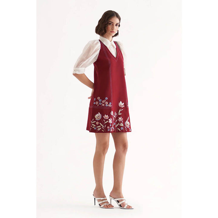Our Love Marcella Plum Maroon Banana Crepe Embroidered Mini Short Dress