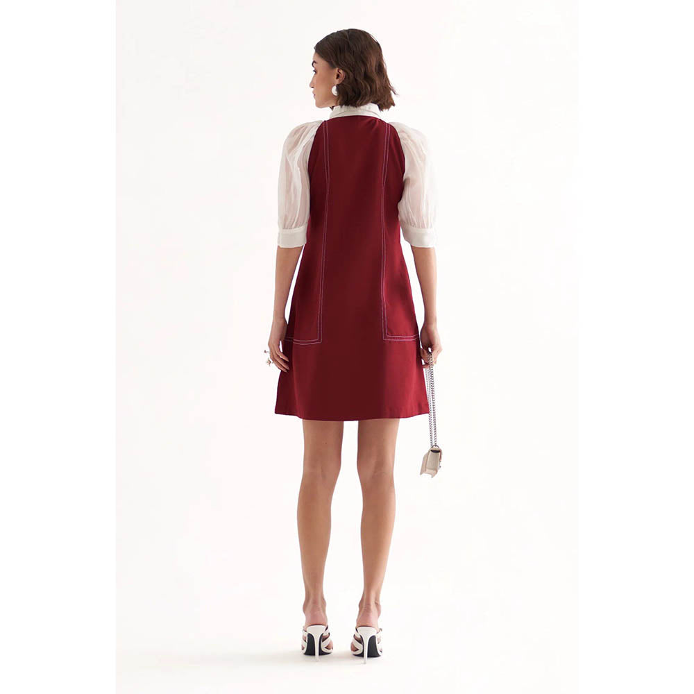 Our Love Marcella Plum Maroon Banana Crepe Embroidered Mini Short Dress