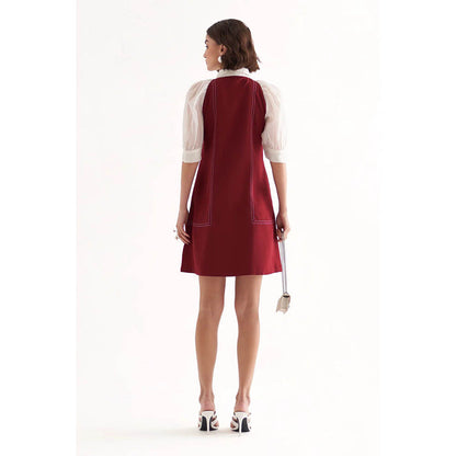 Our Love Marcella Plum Maroon Banana Crepe Embroidered Mini Short Dress