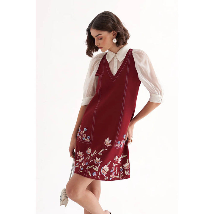 Our Love Marcella Plum Maroon Banana Crepe Embroidered Mini Short Dress