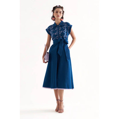 Our Love Blue Cotton Twill And Schiffli Embroidered Midi Dress With Belt (Set of 2)