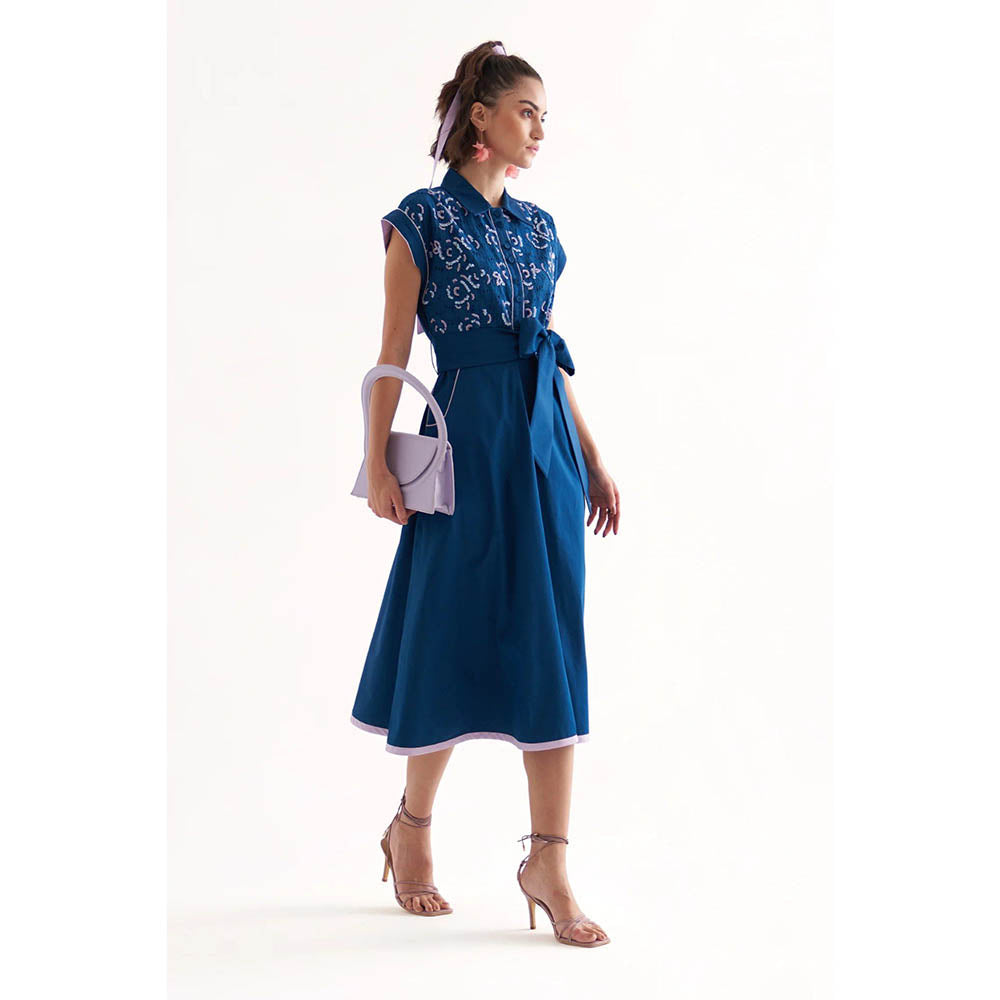 Our Love Blue Cotton Twill And Schiffli Embroidered Midi Dress With Belt (Set of 2)